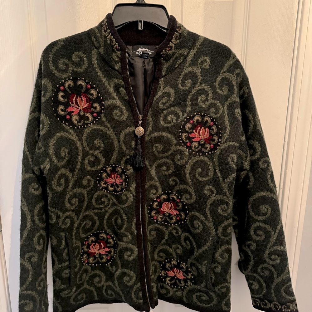 Icelandic Design zipper cardigan colorful sweater jacket green 100% Wool
